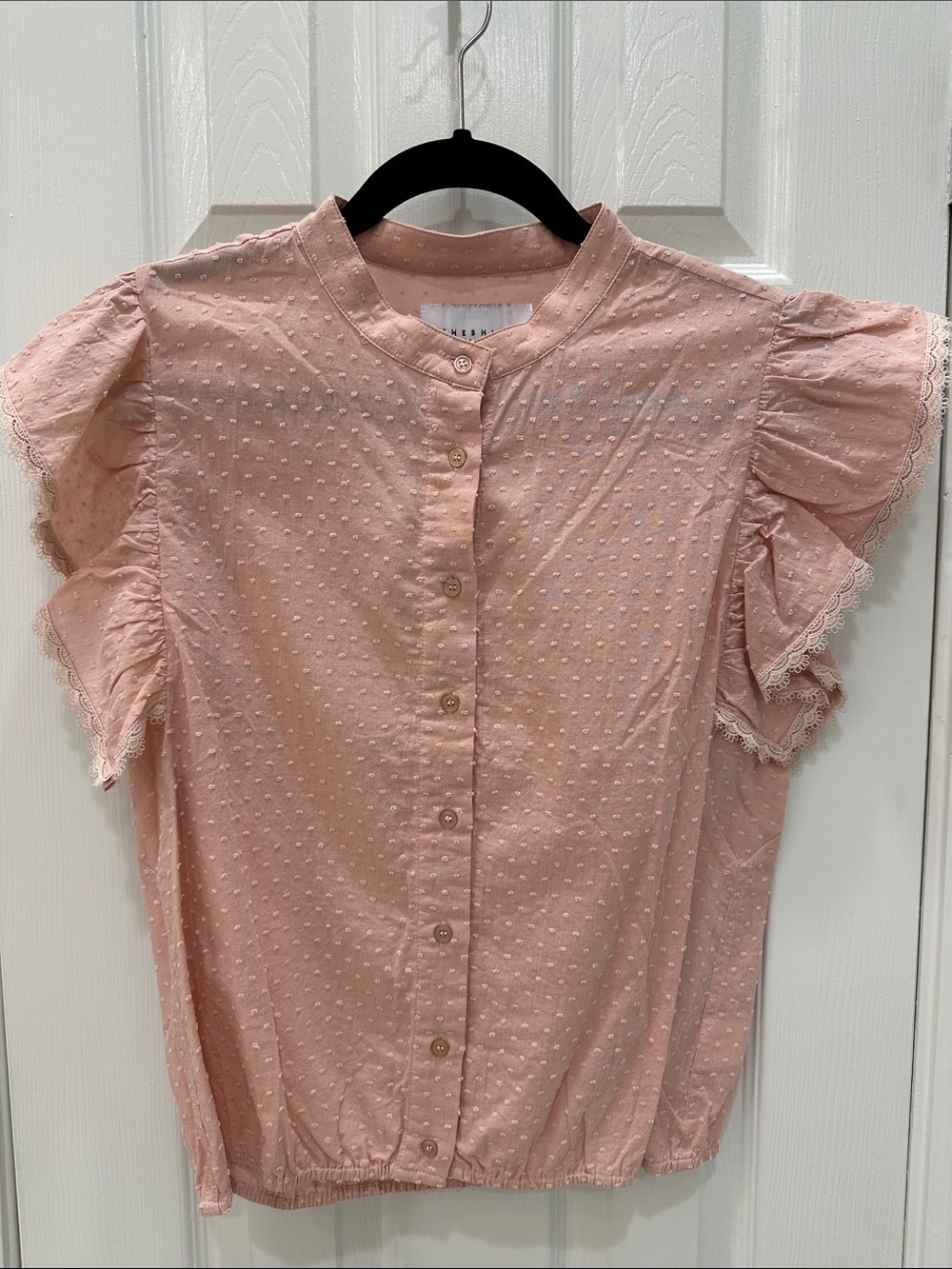 Women's Pink Dot Flutter-Sleeve Button Front Top NWT